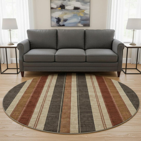 HomeRoots 8' X 10' Chocolate Rust Beige Striped Area Rug – Durable, Washable, UV Protected for Everyday Living 709268