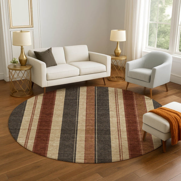 HomeRoots 8' X 10' Chocolate Rust Beige Striped Area Rug – Durable, Washable, UV Protected for Everyday Living 709268