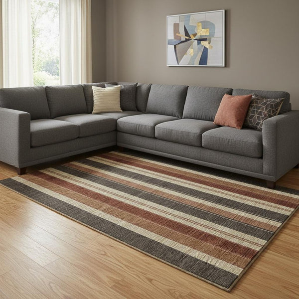 HomeRoots 9' X 12' Chocolate Rust & Beige Striped Washable Area Rug – Durable, UV-Protected, Pet-Friendly Design! 709269