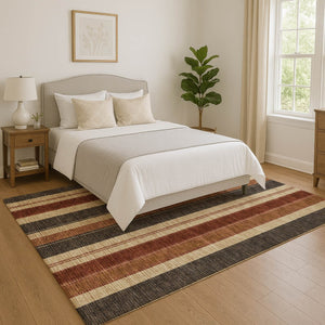 HomeRoots 9' X 12' Chocolate Rust & Beige Striped Washable Area Rug – Durable, UV-Protected, Pet-Friendly Design! 709269