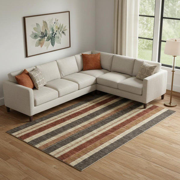 HomeRoots 10' X 14' Chocolate Rust & Beige Striped Area Rug – Washable, UV-Protected, Durable Design for Homes 709270