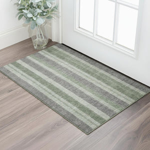 HomeRoots 5' Green and Gray Striped Area Rug - Washable, UV Protected, Durable for High-Traffic Spaces 709272