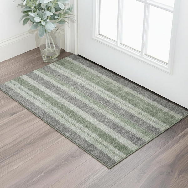 HomeRoots 5' Green and Gray Striped Area Rug - Washable, UV Protected, Durable for High-Traffic Spaces 709272