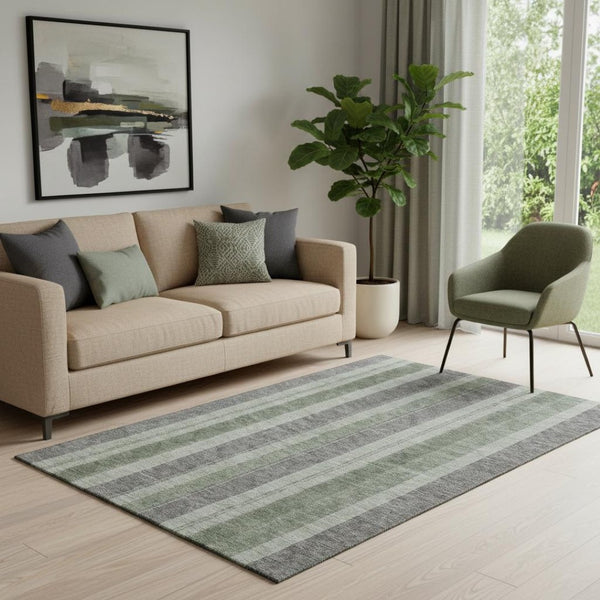 HomeRoots 8' Green and Gray Striped Washable Round Rug - Durable, UV-Protected, Stain Resistant for All Spaces! 709273
