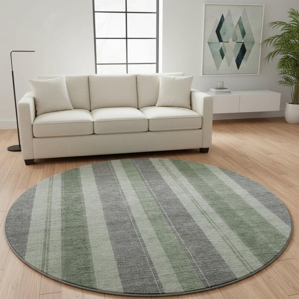 HomeRoots 8' X 10' Green and Gray Striped Area Rug - Washable, UV-Protected, Ideal for High-Traffic Spaces! 709274