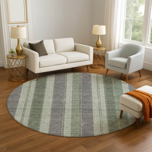 HomeRoots 8' X 10' Green and Gray Striped Area Rug - Washable, UV-Protected, Ideal for High-Traffic Spaces! 709274