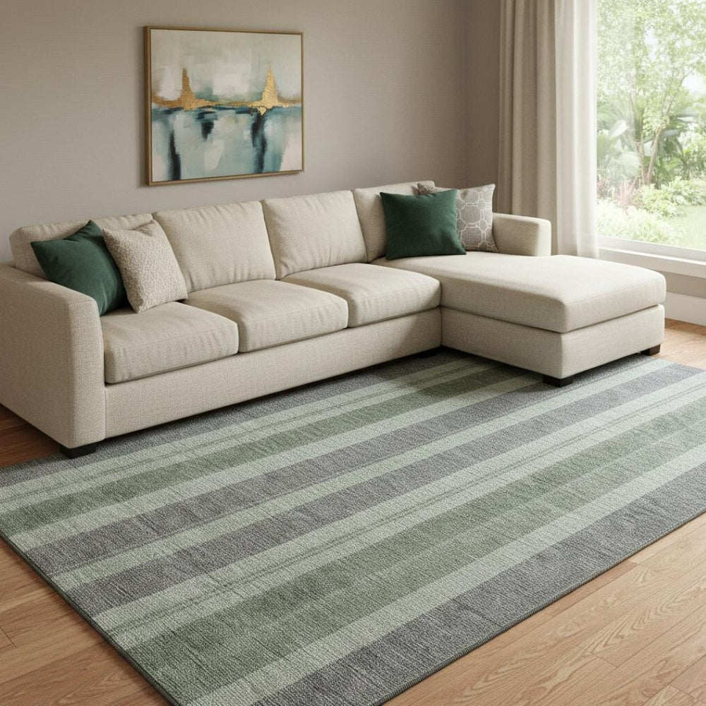HomeRoots 9' X 12' Green and Gray Striped Washable Area Rug – Durable, UV-Protected, Ideal for Busy Homes! 709275