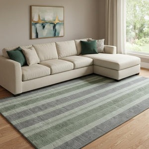 HomeRoots 9' X 12' Green and Gray Striped Washable Area Rug – Durable, UV-Protected, Ideal for Busy Homes! 709275