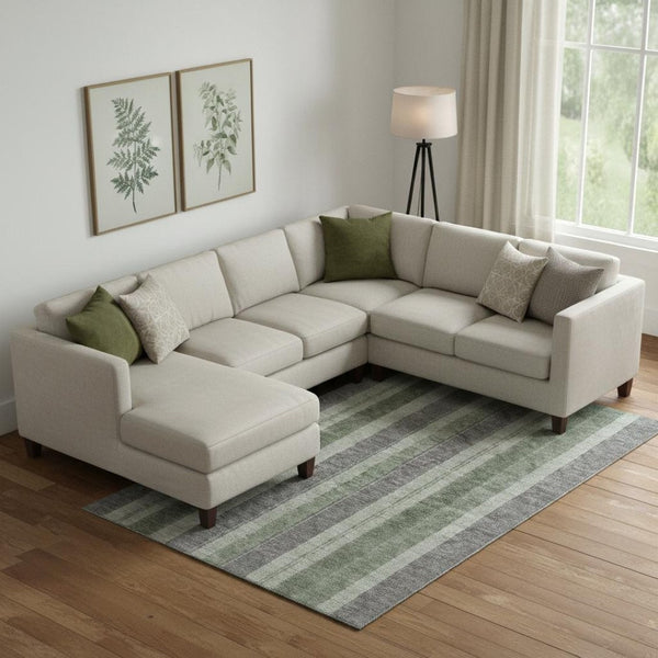 HomeRoots 10' Green and Gray Striped Washable Area Rug – Durable, Stain Resistant, UV Protected for High-Traffic Areas 709276