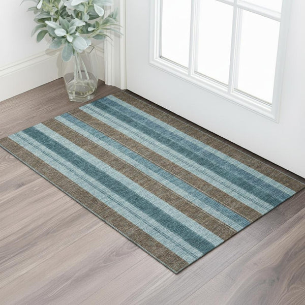 HomeRoots 5' X 8' Teal and Brown Striped Washable Area Rug - Durable, UV-Protected, Perfect for High-Traffic Spaces! 709278