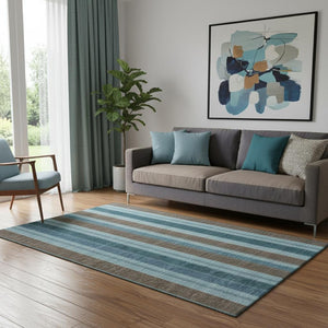 HomeRoots 8' Teal and Brown Striped Washable Round Rug - Durable, UV-Protected & Stain-Resistant Design! 709279