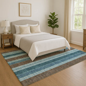 HomeRoots 8' Teal and Brown Striped Washable Round Rug - Durable, UV-Protected & Stain-Resistant Design! 709279