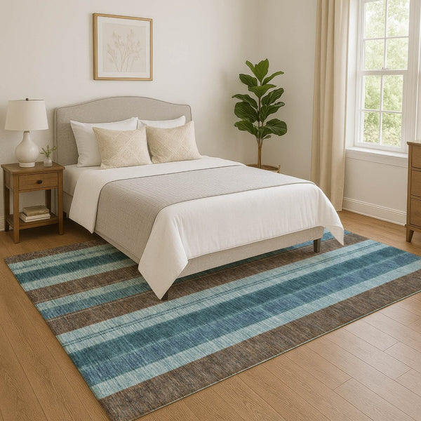 HomeRoots 8' Teal and Brown Striped Washable Round Rug - Durable, UV-Protected & Stain-Resistant Design! 709279