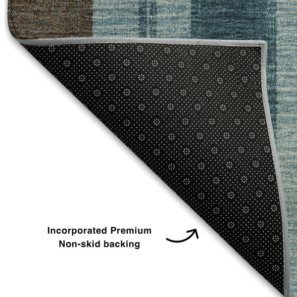 HomeRoots 8' Teal and Brown Striped Washable Round Rug - Durable, UV-Protected & Stain-Resistant Design! 709279