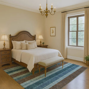 HomeRoots 8' Teal and Brown Striped Washable Round Rug - Durable, UV-Protected & Stain-Resistant Design! 709279
