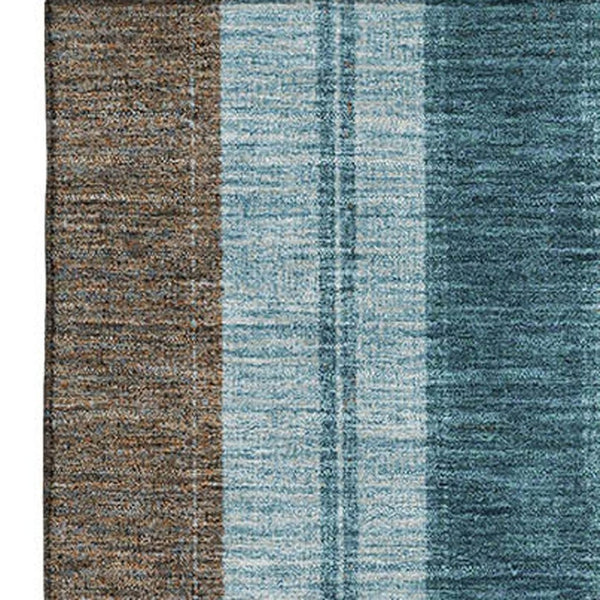 HomeRoots 8' Teal and Brown Striped Washable Round Rug - Durable, UV-Protected & Stain-Resistant Design! 709279