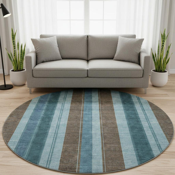 HomeRoots 8' X 10' Washable Teal & Brown Striped Area Rug with UV Protection for Stylish, Durable Spaces 709280