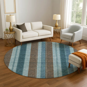 HomeRoots 8' X 10' Washable Teal & Brown Striped Area Rug with UV Protection for Stylish, Durable Spaces 709280
