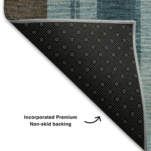 HomeRoots 8' X 10' Washable Teal & Brown Striped Area Rug with UV Protection for Stylish, Durable Spaces 709280
