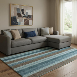 HomeRoots 9' X 12' Teal and Brown Striped Area Rug - Durable, Washable, UV Protected for High-Traffic Spaces 709281