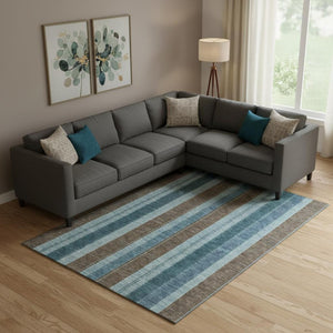 HomeRoots 10' X 14' Stylish Teal and Brown Striped Washable Area Rug with UV Protection for High-Traffic Rooms 709282