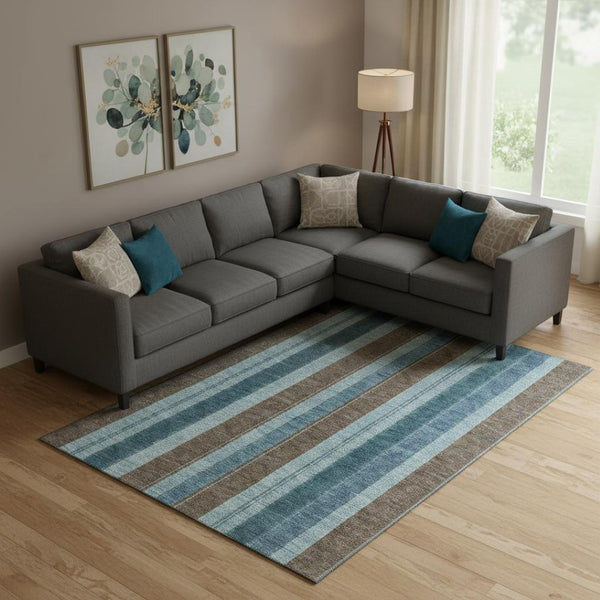 HomeRoots 10' X 14' Stylish Teal and Brown Striped Washable Area Rug with UV Protection for High-Traffic Rooms 709282