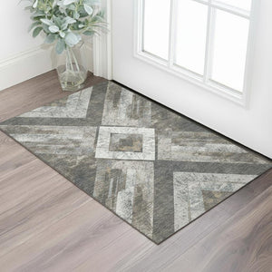 HomeRoots 5' Modern Geometric Washable Area Rug in Brown, Gray & Ivory with UV Protection for Durability 709284