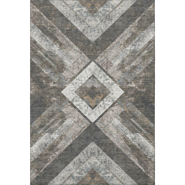 HomeRoots 5' Modern Geometric Washable Area Rug in Brown, Gray & Ivory with UV Protection for Durability 709284