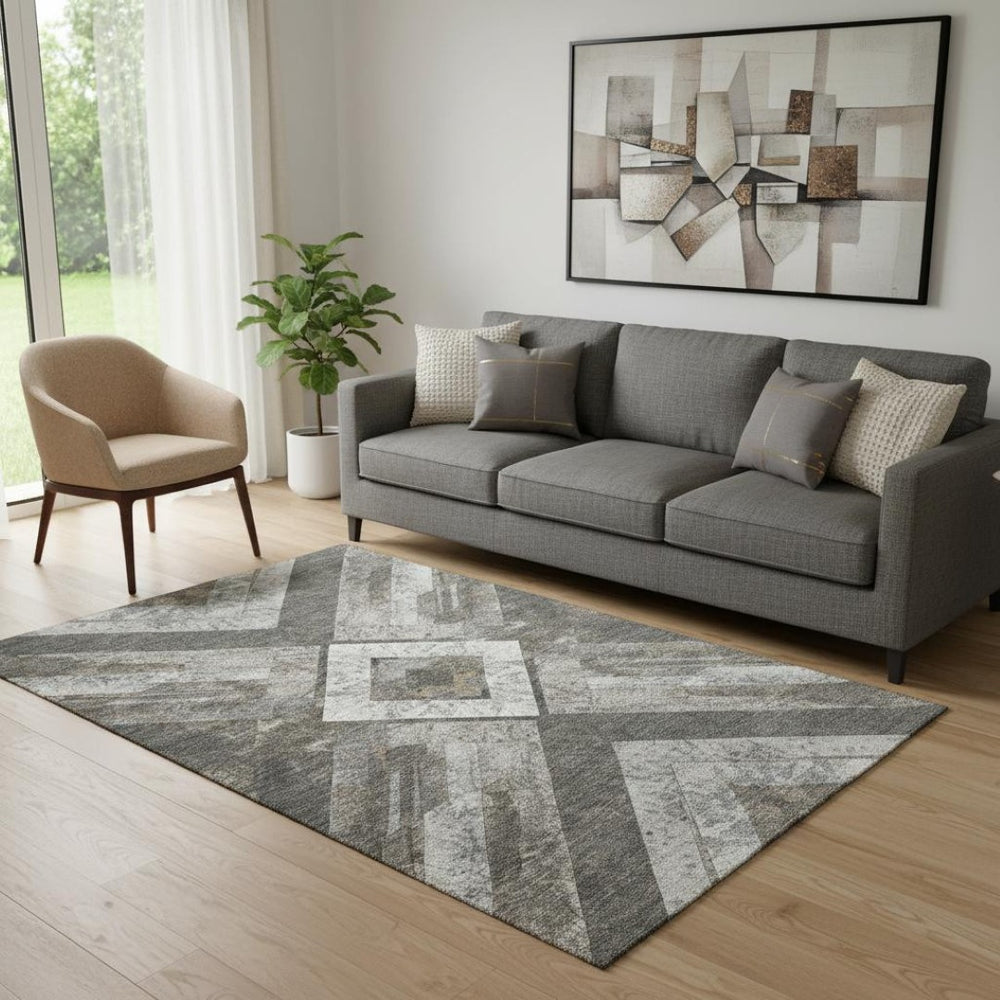 HomeRoots 8' Brown Gray Ivory Geometric Washable Round Rug - Durable, UV Protected, Perfect for High Traffic Areas 709285