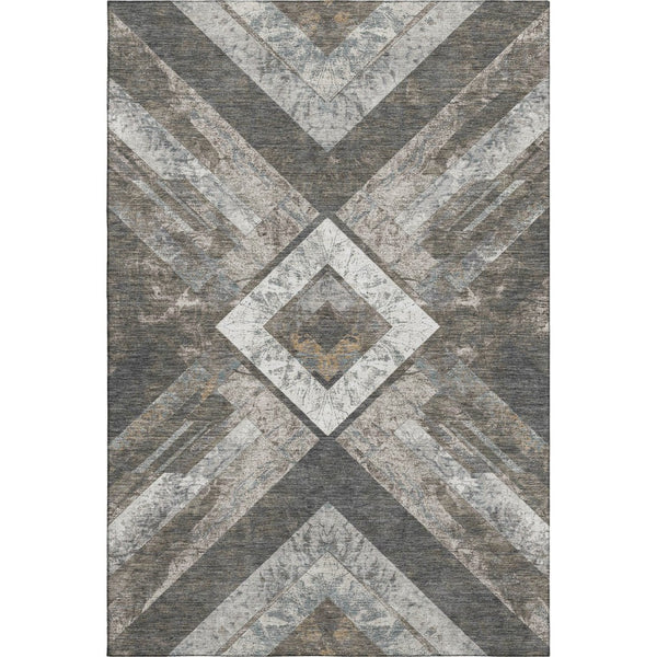 HomeRoots 8' Brown Gray Ivory Geometric Washable Round Rug - Durable, UV Protected, Perfect for High Traffic Areas 709285