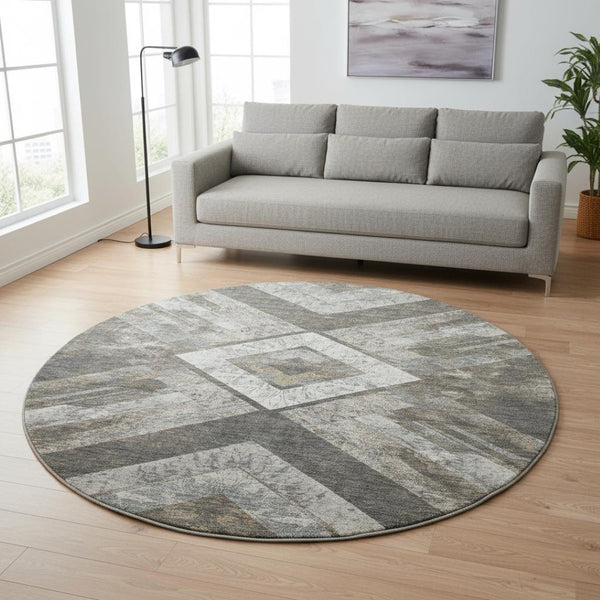 HomeRoots 8' X 10' Geometric Area Rug in Brown, Gray, Ivory – Washable, UV-Resistant, Kid & Pet Friendly! 709286
