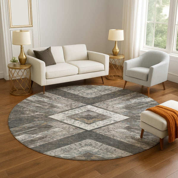 HomeRoots 8' X 10' Geometric Area Rug in Brown, Gray, Ivory – Washable, UV-Resistant, Kid & Pet Friendly! 709286
