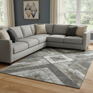 HomeRoots 9' X 12' Modern Geometric Washable Area Rug in Brown, Gray & Ivory with UV Protection & Non-Slip Backing 709287