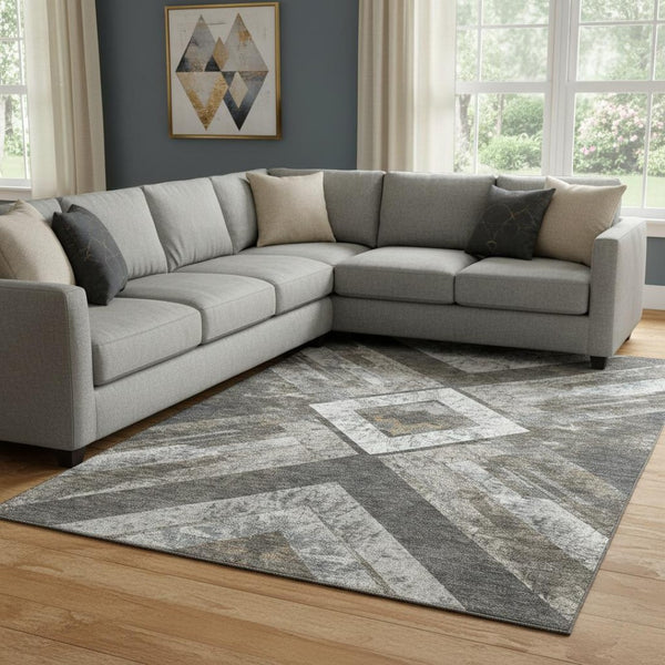 HomeRoots 9' X 12' Modern Geometric Washable Area Rug in Brown, Gray & Ivory with UV Protection & Non-Slip Backing 709287