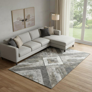 HomeRoots 10' X 14' Stylish Brown Gray Ivory Geometric Area Rug - Washable, UV Protected, Stain Resistant Design 709288