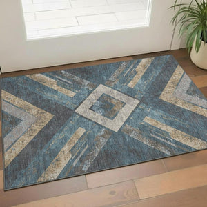 HomeRoots 5' X 8' Stylish Navy Blue and Beige Geometric Area Rug – Washable, UV Protected, Perfect for Families! 709290