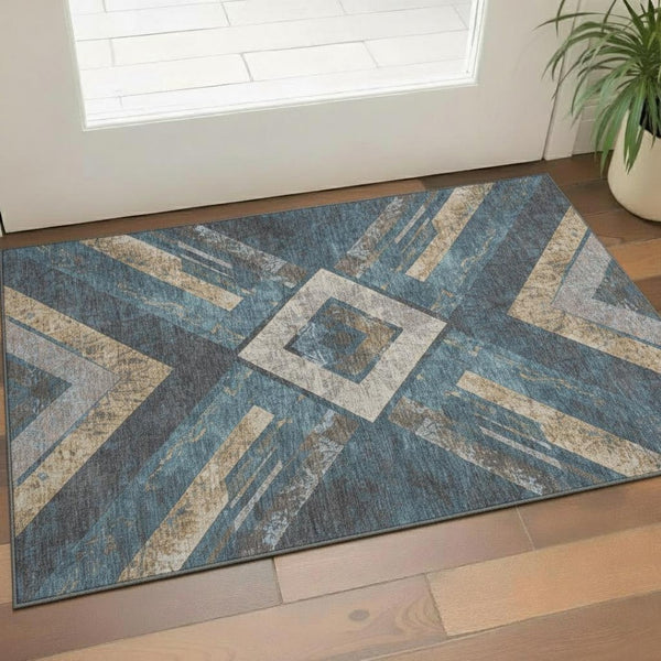 HomeRoots 5' X 8' Stylish Navy Blue and Beige Geometric Area Rug – Washable, UV Protected, Perfect for Families! 709290