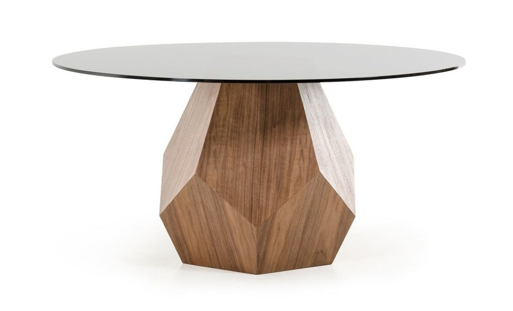 VIG Furniture Rackham Mid-Century Walnut Dining Set With Smoked Glass Round Table & 4 Beige Fabric Chairs VGBB-RACKHAM-SET