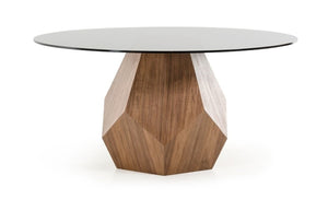 VIG Furniture Rackham Mid-Century Walnut Dining Set With Smoked Glass Round Table & 4 Beige Fabric Chairs VGBB-RACKHAM-SET