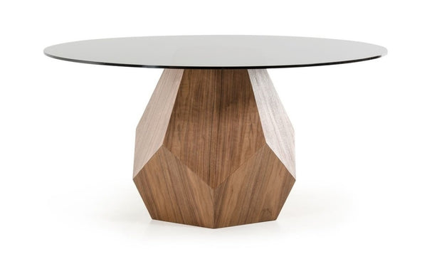 VIG Furniture Rackham Mid-Century Walnut Dining Set With Smoked Glass Round Table & 4 Beige Fabric Chairs VGBB-RACKHAM-SET