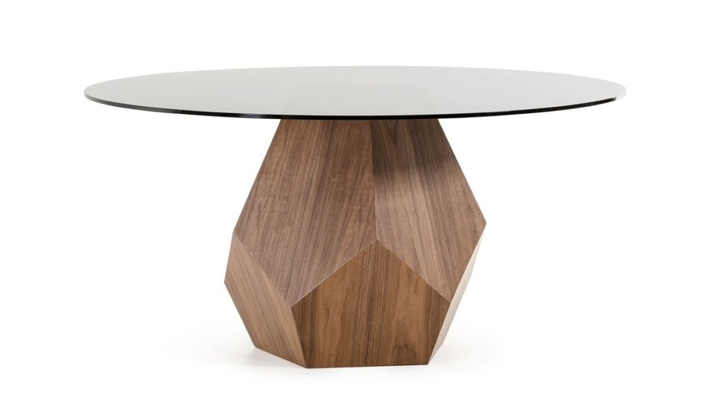 VIG Furniture Rackham Mid-Century Walnut Dining Set With Smoked Glass Round Table & 4 Beige Fabric Chairs VGBB-RACKHAM-SET