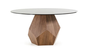 VIG Furniture Rackham Mid-Century Walnut Dining Set With Smoked Glass Round Table & 4 Beige Fabric Chairs VGBB-RACKHAM-SET