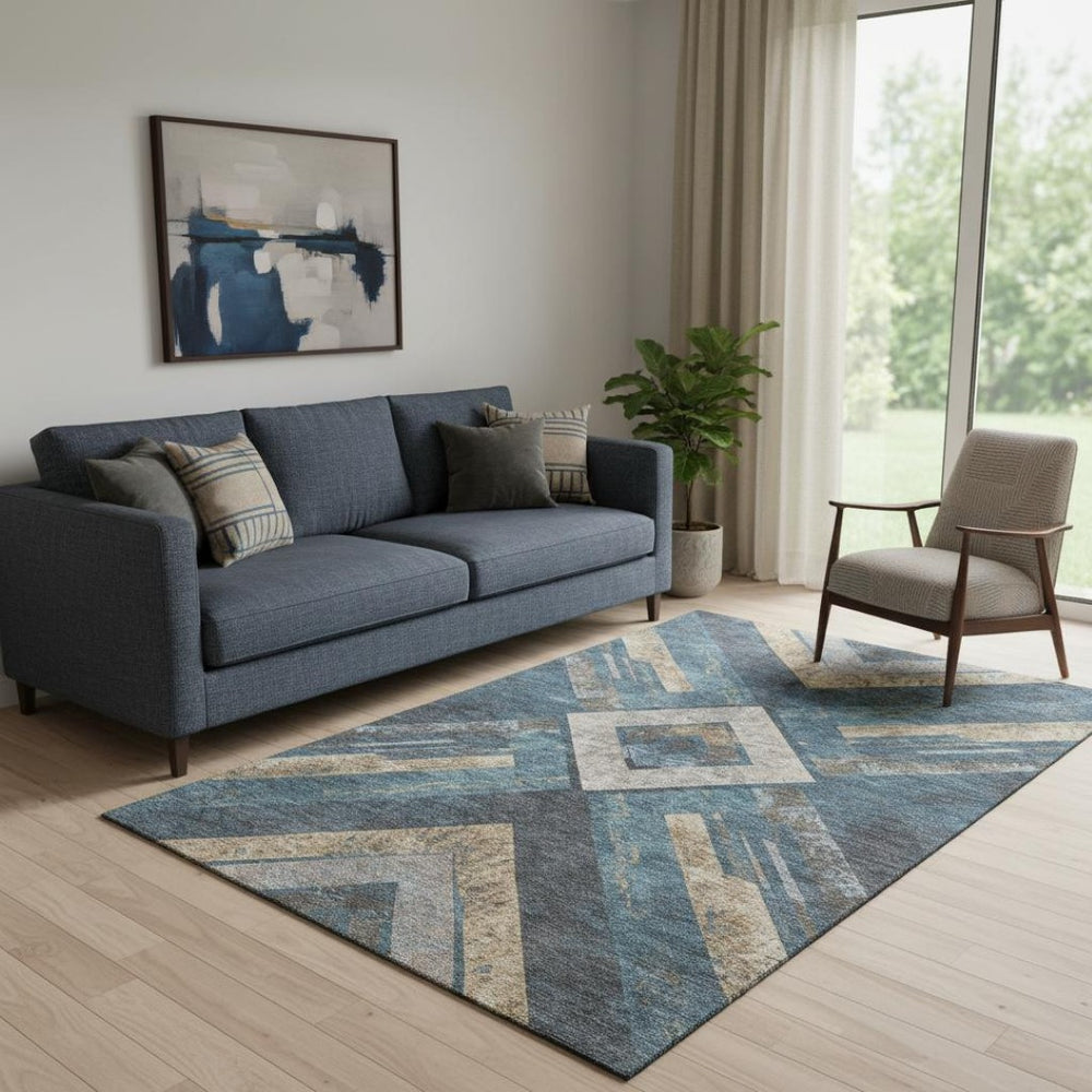 HomeRoots 8' Stylish Navy Blue, Brown & Beige Geometric Washable Round Rug with UV Protection for Busy Homes 709291