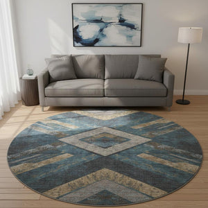 HomeRoots 8' X 10' Stylish Geometric Washable Area Rug in Navy Blue, Brown & Beige with UV Protection & Comfort 709292