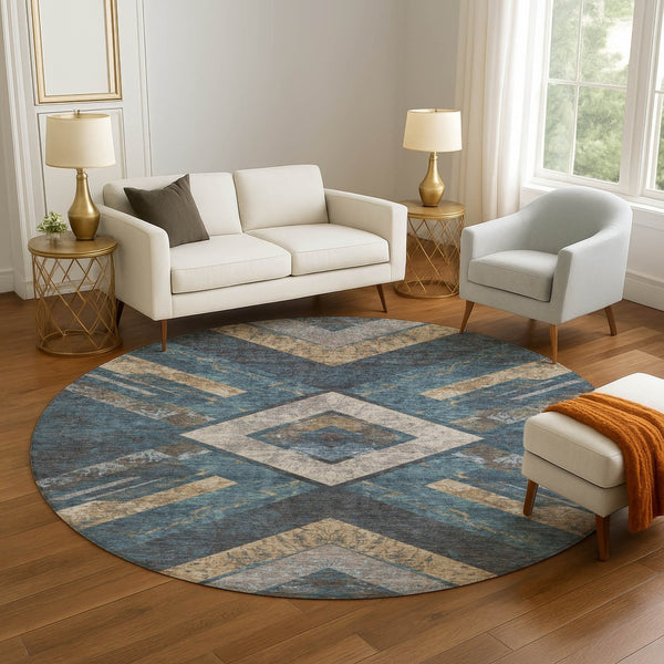 HomeRoots 8' X 10' Stylish Geometric Washable Area Rug in Navy Blue, Brown & Beige with UV Protection & Comfort 709292