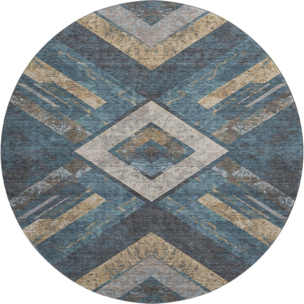 HomeRoots 8' X 10' Stylish Geometric Washable Area Rug in Navy Blue, Brown & Beige with UV Protection & Comfort 709292