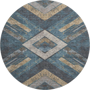 HomeRoots 8' X 10' Stylish Geometric Washable Area Rug in Navy Blue, Brown & Beige with UV Protection & Comfort 709292