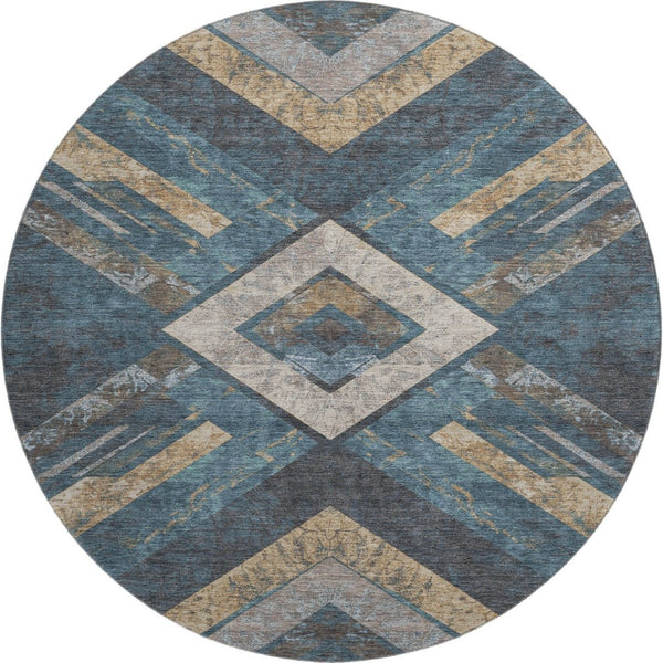 HomeRoots 8' X 10' Stylish Geometric Washable Area Rug in Navy Blue, Brown & Beige with UV Protection & Comfort 709292