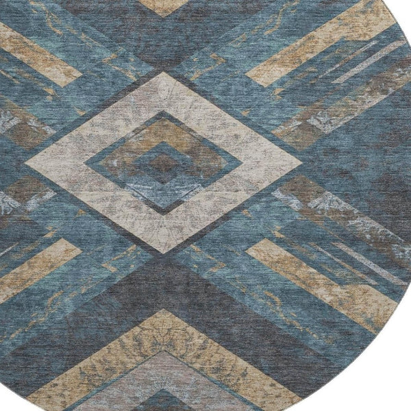 HomeRoots 8' X 10' Stylish Geometric Washable Area Rug in Navy Blue, Brown & Beige with UV Protection & Comfort 709292