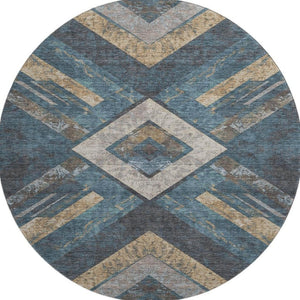 HomeRoots 8' X 10' Stylish Geometric Washable Area Rug in Navy Blue, Brown & Beige with UV Protection & Comfort 709292